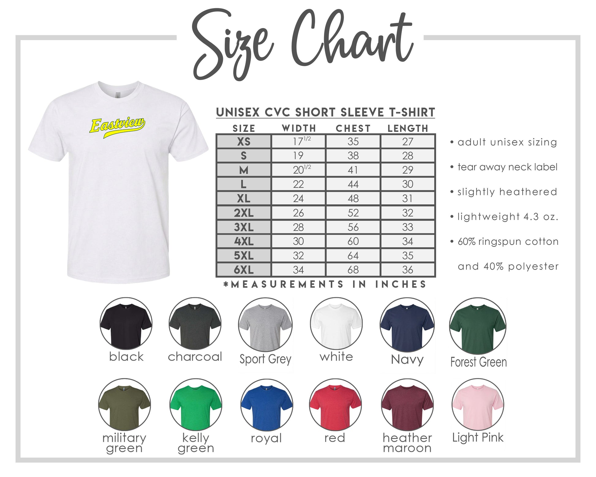 The image is a size chart for a white short sleeve t-shirt, including various color options and corresponding measurements in inches.