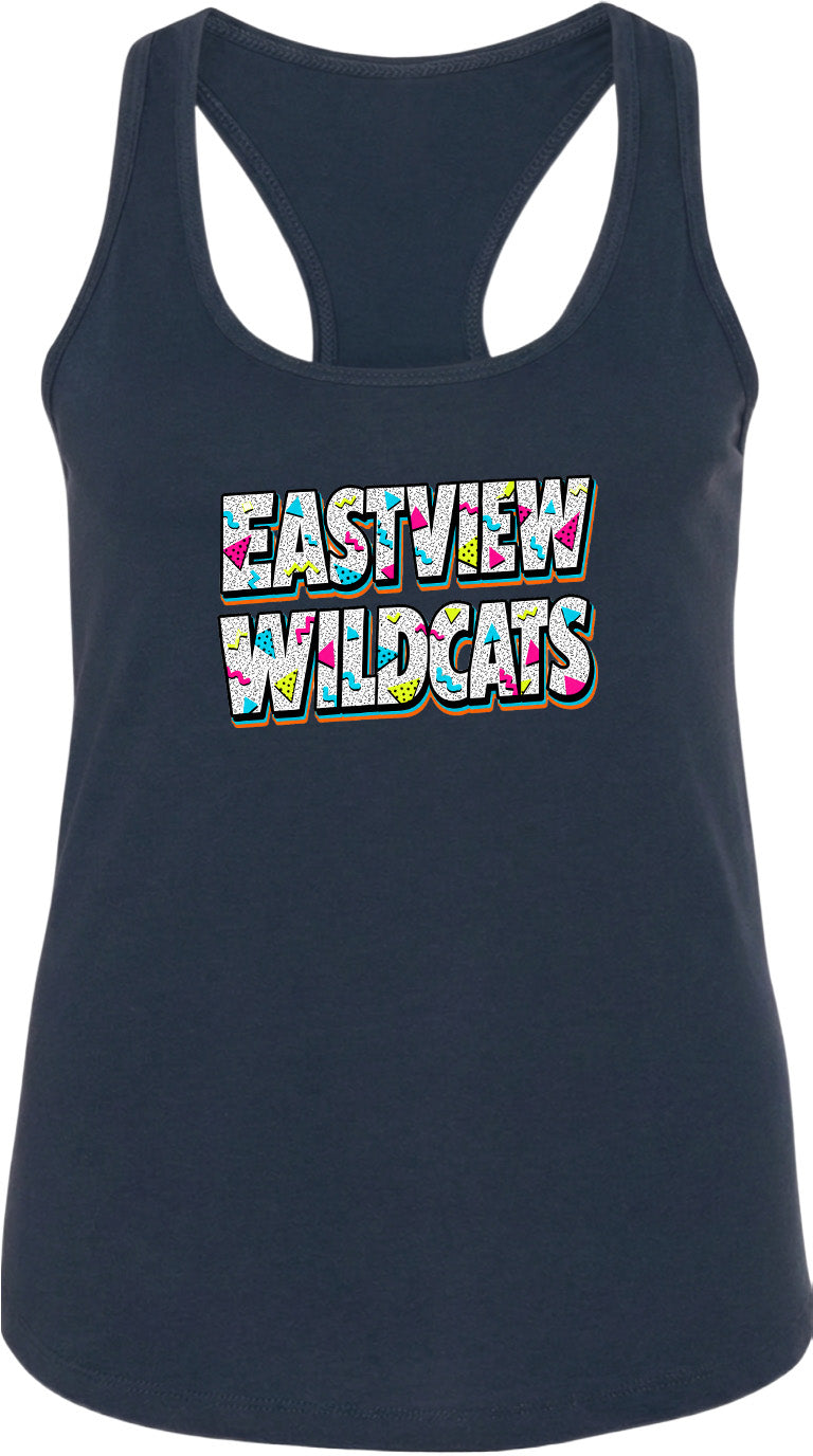 A navy blue tank top with the text "EASTVIEW WILDCATS" printed on it in a colorful, stylized font.