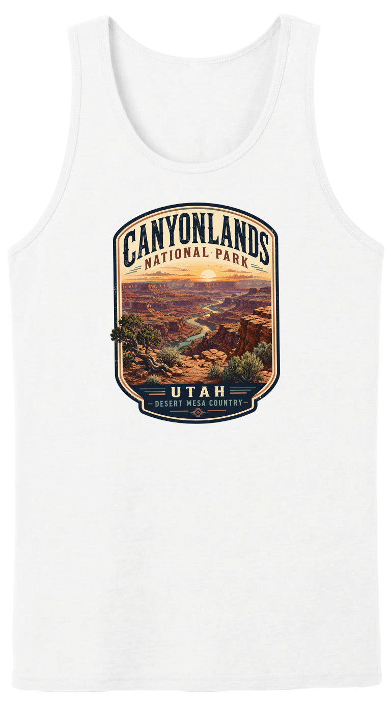 A white tank top with a graphic design depicting the scenic landscape of Canyonlands National Park in Utah.