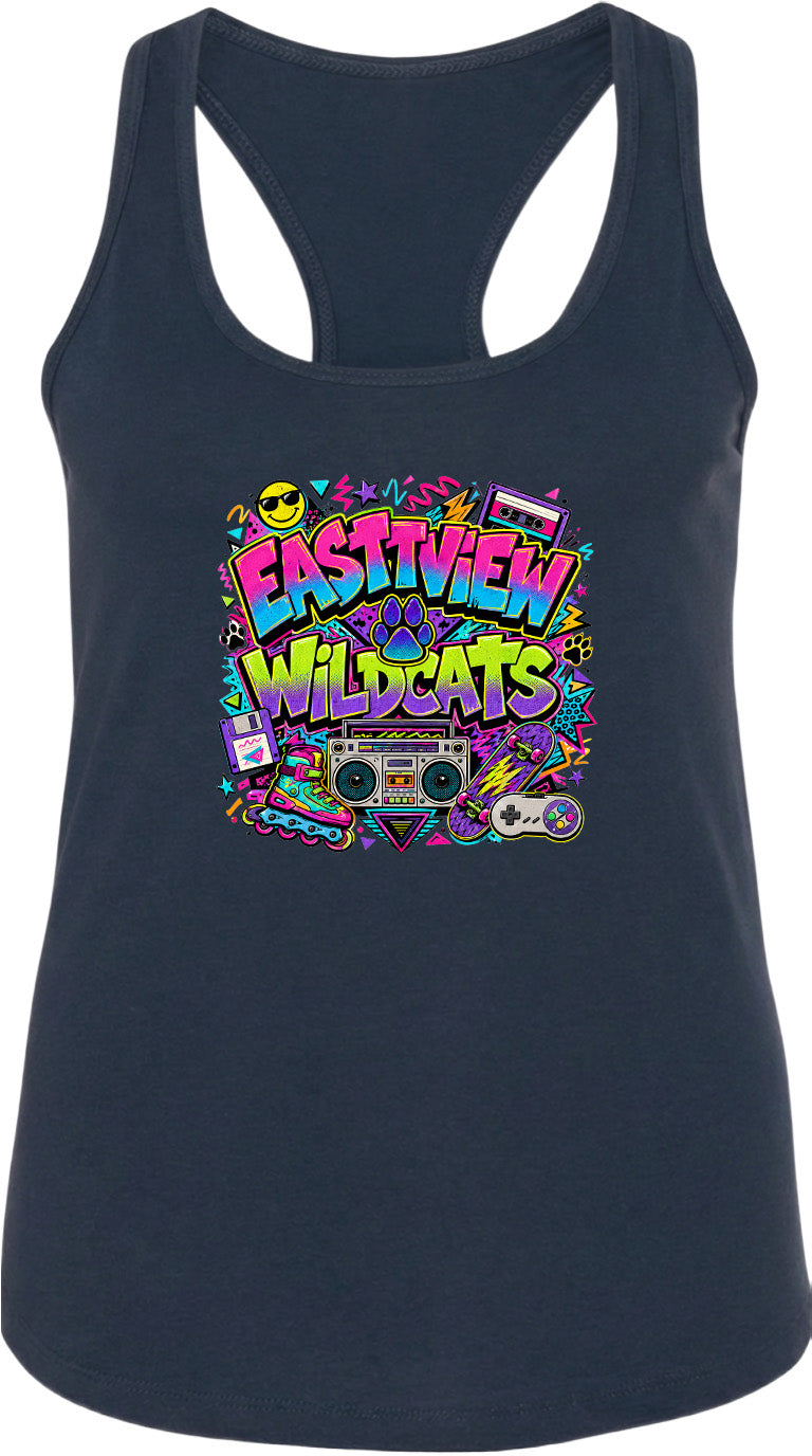 A black tank top with a colorful graphic design featuring the text "EASTVIEW WILDCATS" surrounded by various icons and symbols, such as a boombox, skateboard, and sunglasses.