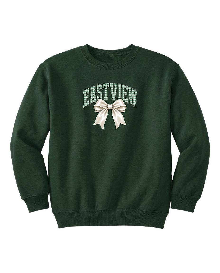 A dark green sweatshirt with a white bow on the front.