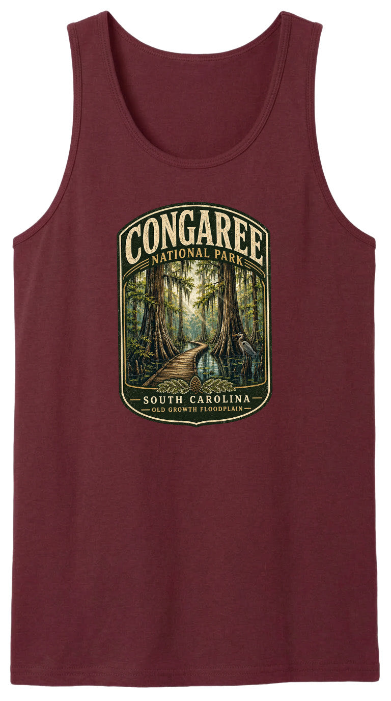 A red tank top with a graphic design depicting a forest scene with a path leading through it, surrounded by trees and foliage.