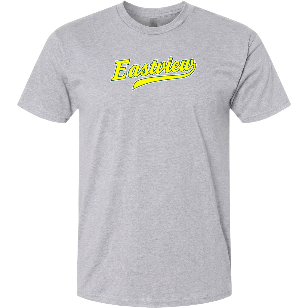 A gray t-shirt with the word "Eastview" printed in yellow on the front.