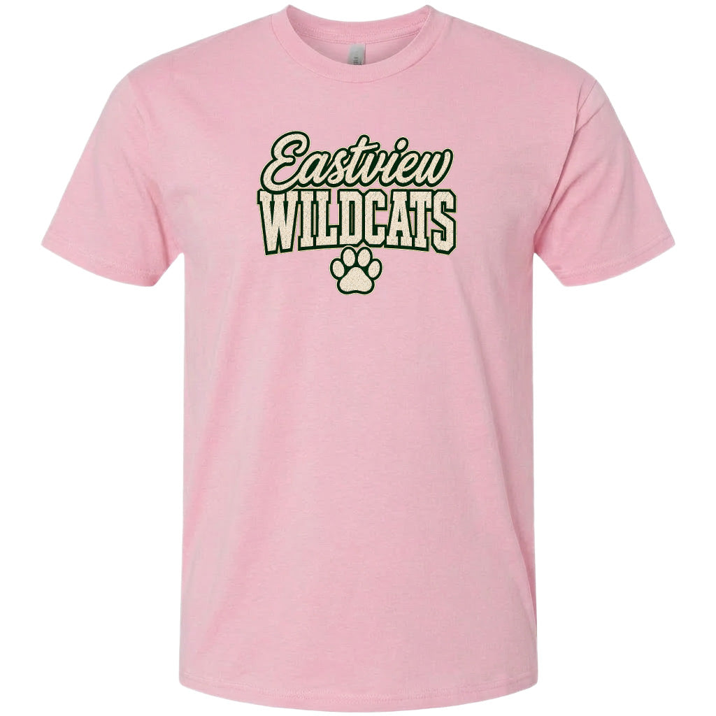 A pink t-shirt with the text "Eastview Wildcats" printed on it.
