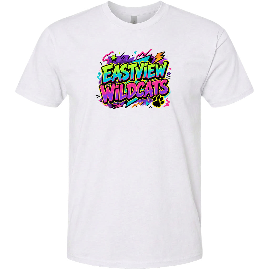 A white t-shirt with a colorful graphic design featuring the text "EASTVIEW WILDCATS" in a stylized font.