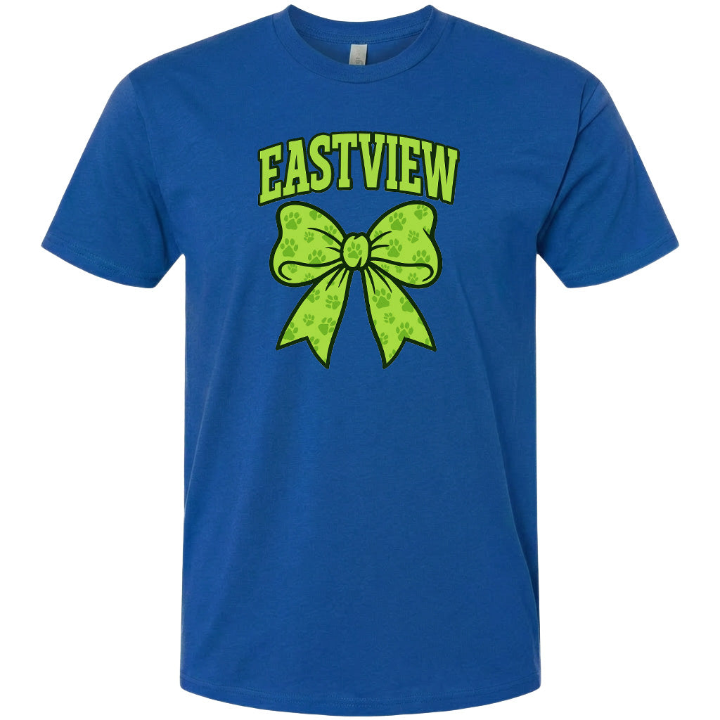 A blue t-shirt with a graphic design of a green bow on it.