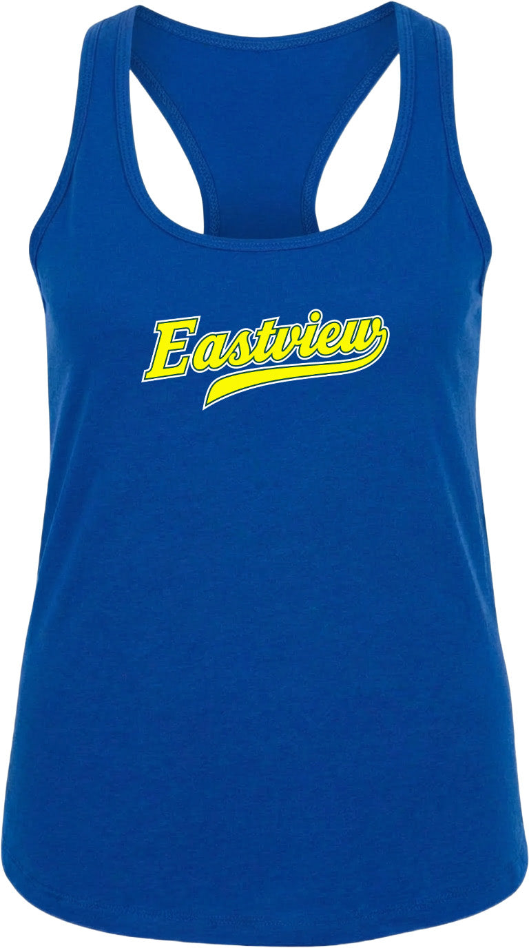 A blue tank top with the word "Eastview" printed in yellow on it.