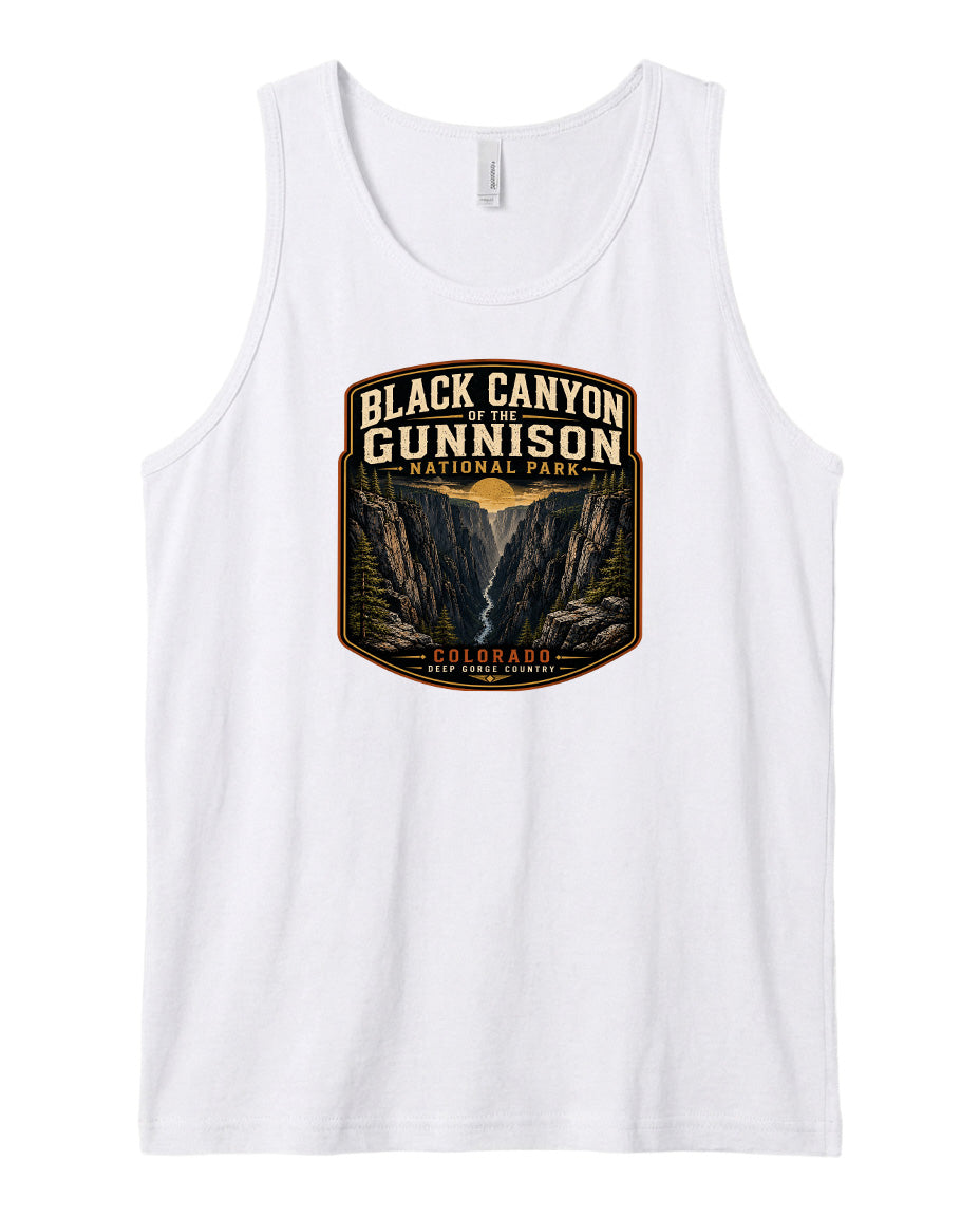 A white tank top with a graphic design depicting the Black Canyon of the Gunnison National Park in Colorado.