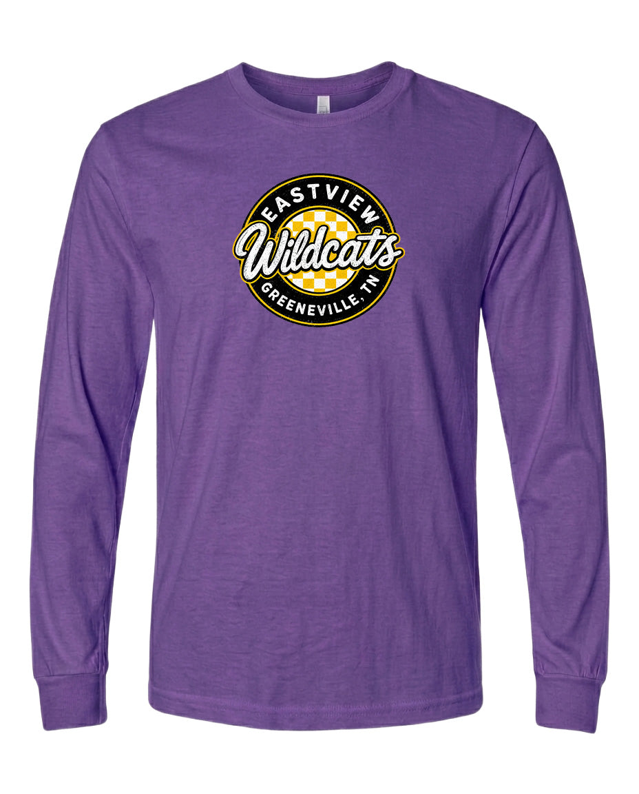A purple long-sleeved t-shirt with a logo on it.
