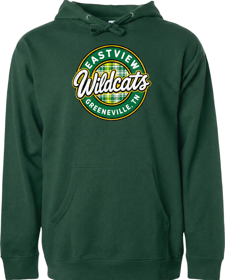 A dark green hoodie with a circular logo on the front.