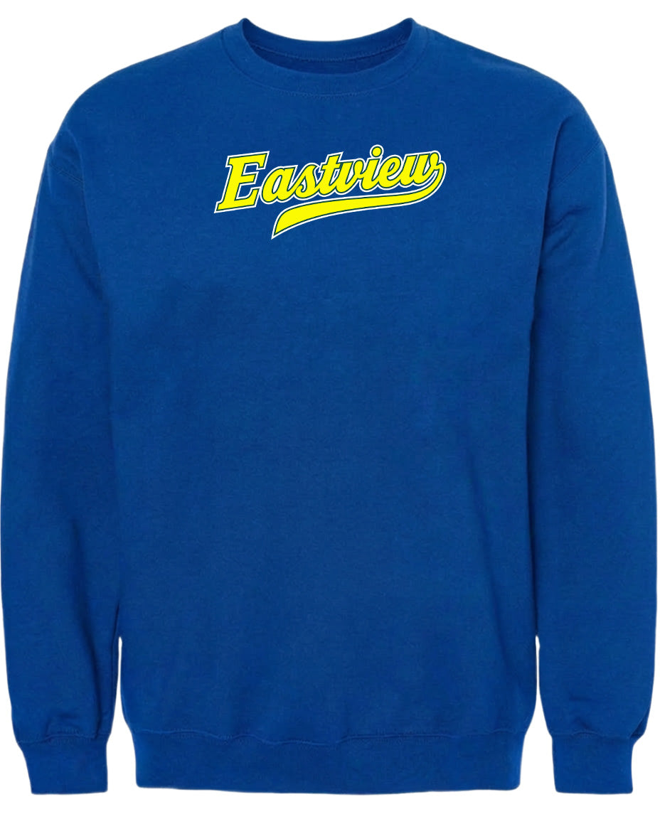 A blue sweatshirt with the word "Eastview" printed in yellow on the front.