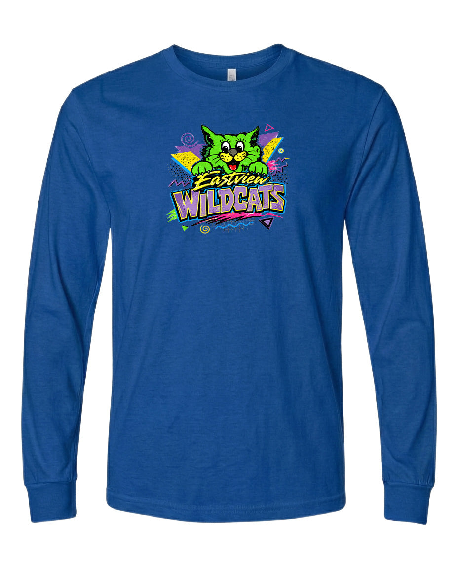 A blue long-sleeved t-shirt with a colorful graphic design featuring a cartoon cat and the text "Easter Wildcats".