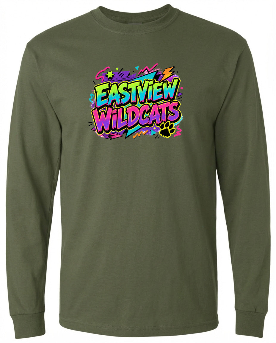 A long-sleeved olive green t-shirt with a colorful graphic design featuring the text "EASTVIEW WILDCATS" and various colorful elements.