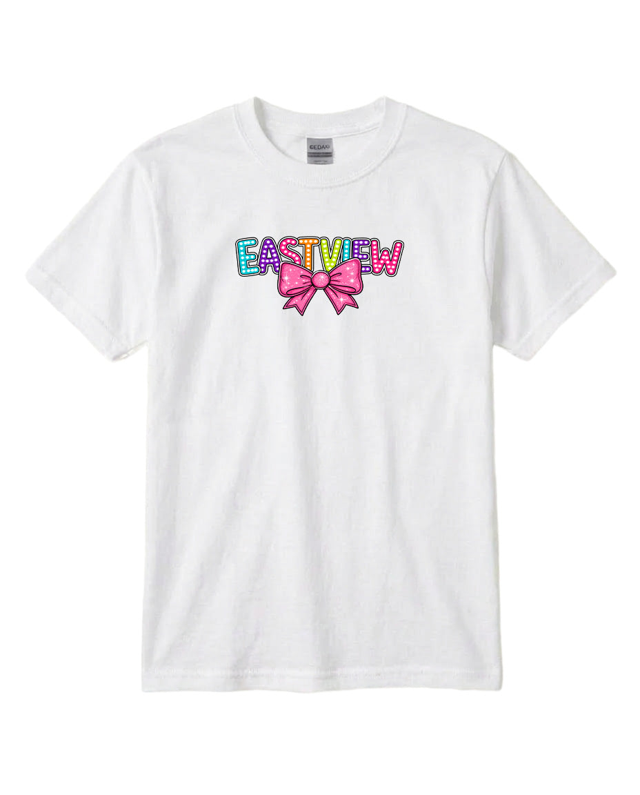 A white t-shirt with a colorful graphic design featuring the text "EASTVIEW" with a pink bow.