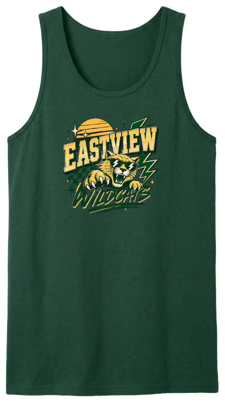 A green tank top with a graphic design featuring a tiger and the text "EASTVIEW WILDCATS" printed on it.