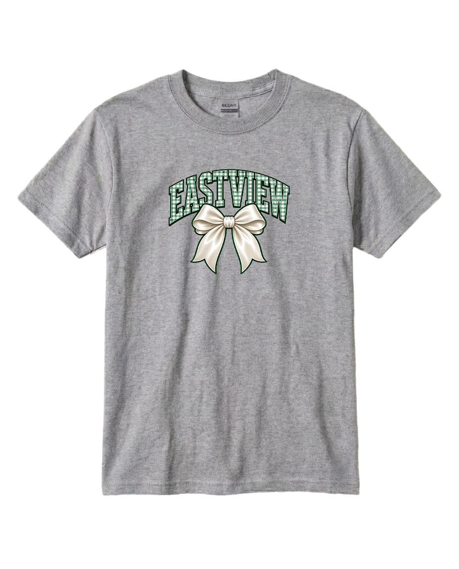 A gray t-shirt with a graphic design featuring a white bow and the text "EASTVIEW" printed on it.