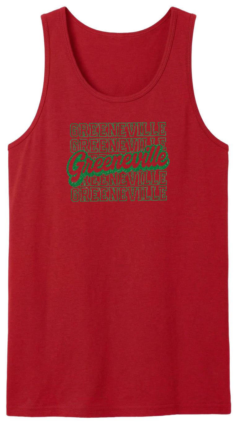 A red tank top with the text "Greenville" printed in green on it.