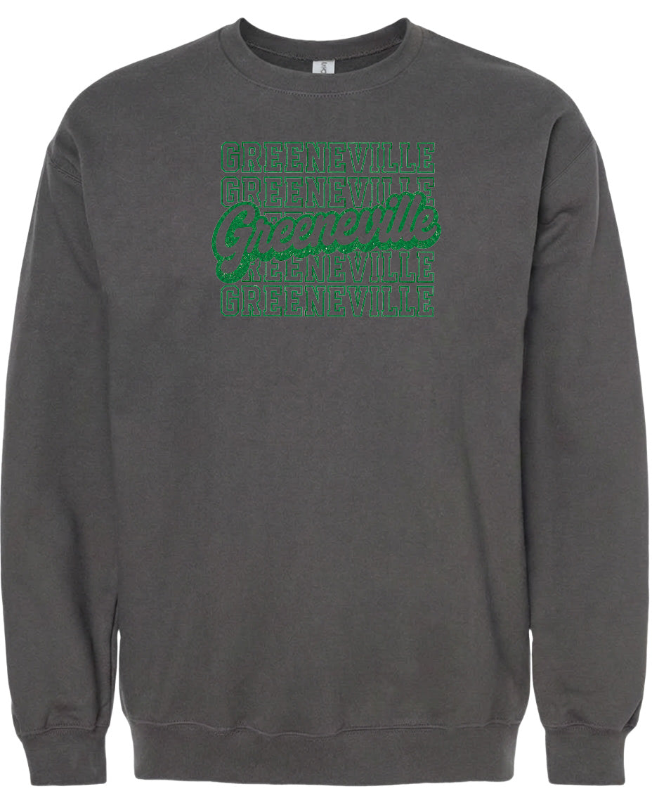 A gray sweatshirt with a green graphic design on the front. The design features the text "Greenville" repeated in a stylized font.