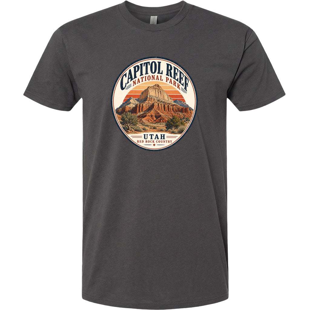 A gray t-shirt with a circular graphic design featuring the Capitol Reef National Park in Utah.