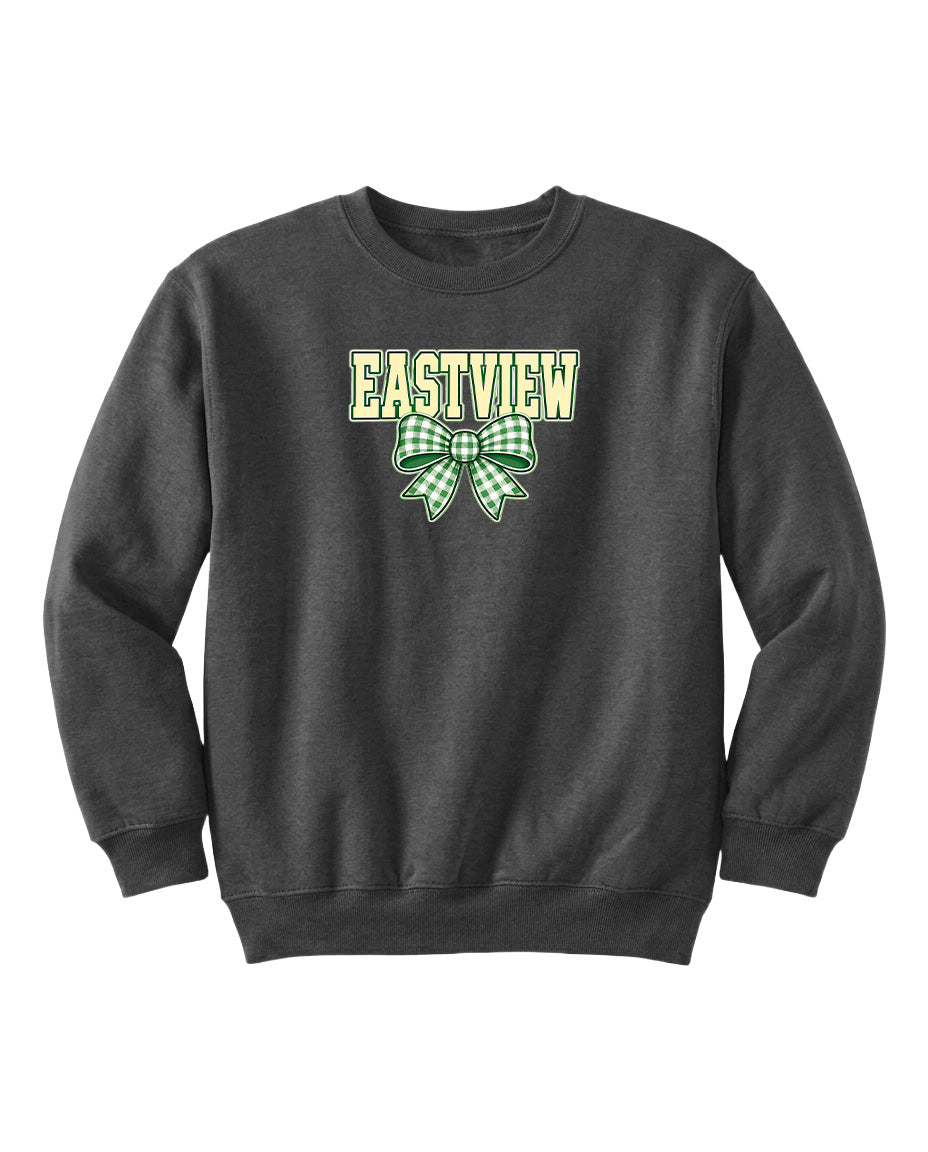 A gray sweatshirt with the word "EASTVIEW" and a green bow printed on it.