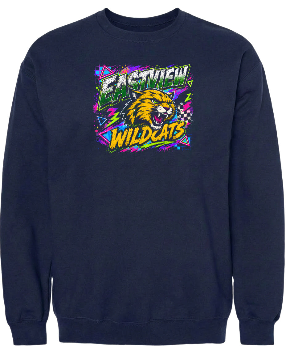 A navy blue sweatshirt with a graphic design featuring a fierce-looking cat and the text "EASTVIEW WILDCATS".