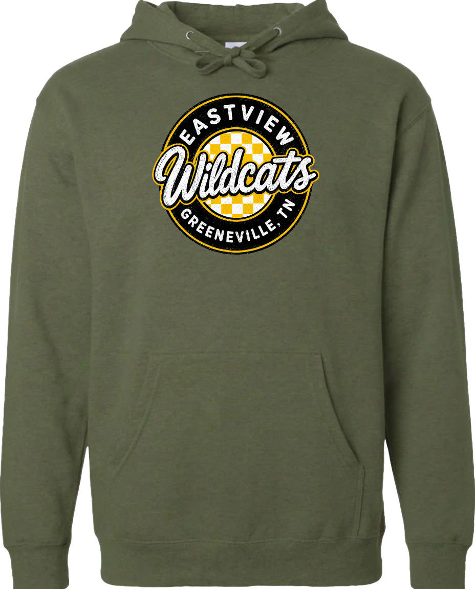 A green hoodie with a logo on the front.