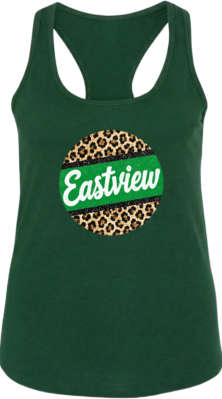 A green tank top with a leopard print design and the word "Eastview" printed on it.