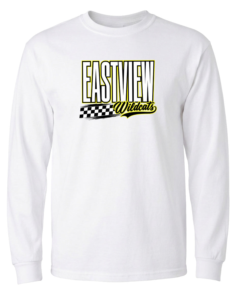 A white long-sleeved t-shirt with a graphic design featuring the text "EASTVIEW Wildcats" in yellow and black.