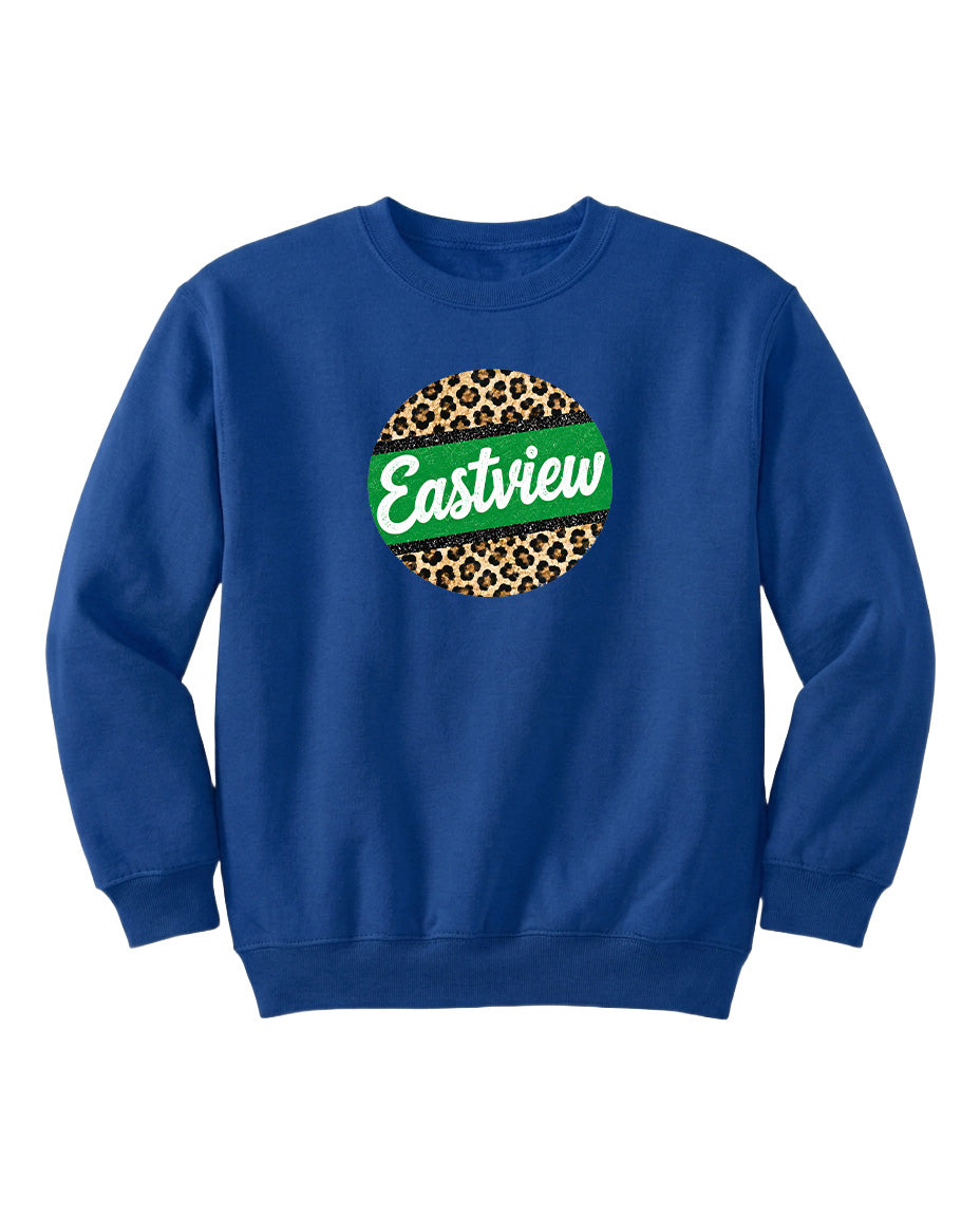 A blue sweatshirt with a leopard print design and the word "Eastview" printed on it.