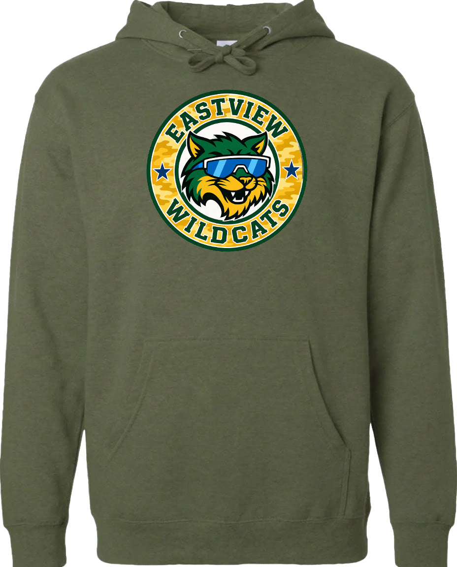 A green hoodie with a circular logo featuring a cartoon cat wearing sunglasses and the text "EASTVIEW WILDCATS".