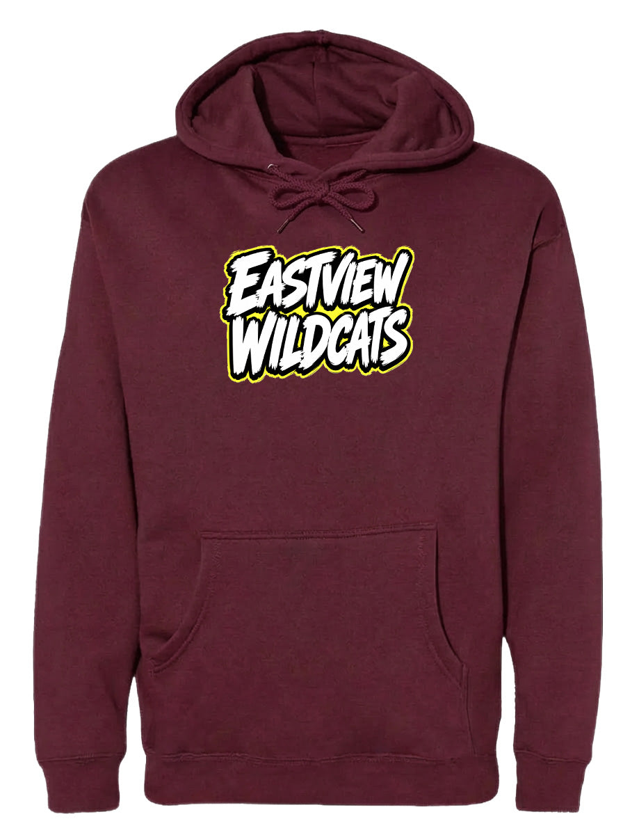 A burgundy-colored hoodie with a white and yellow logo that says "Eastview Wildcats".