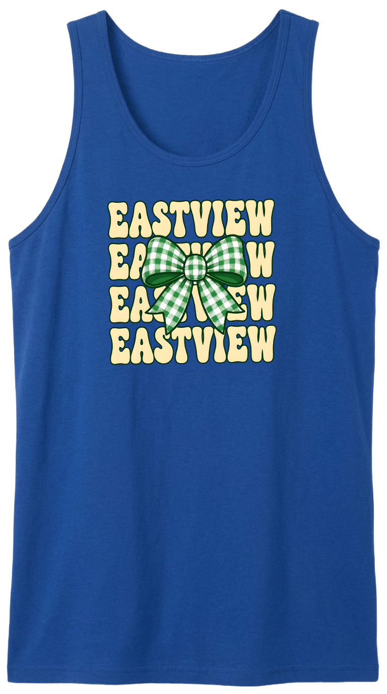 A blue tank top with a graphic design featuring a green and white checkered bow on the front.