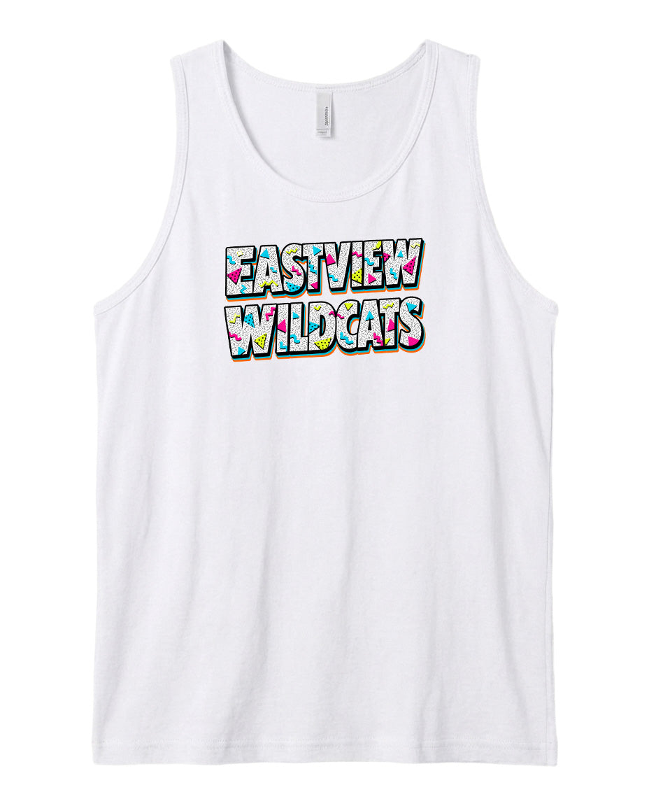 A white tank top with the text "EASTVIEW WILDGATS" printed on it.