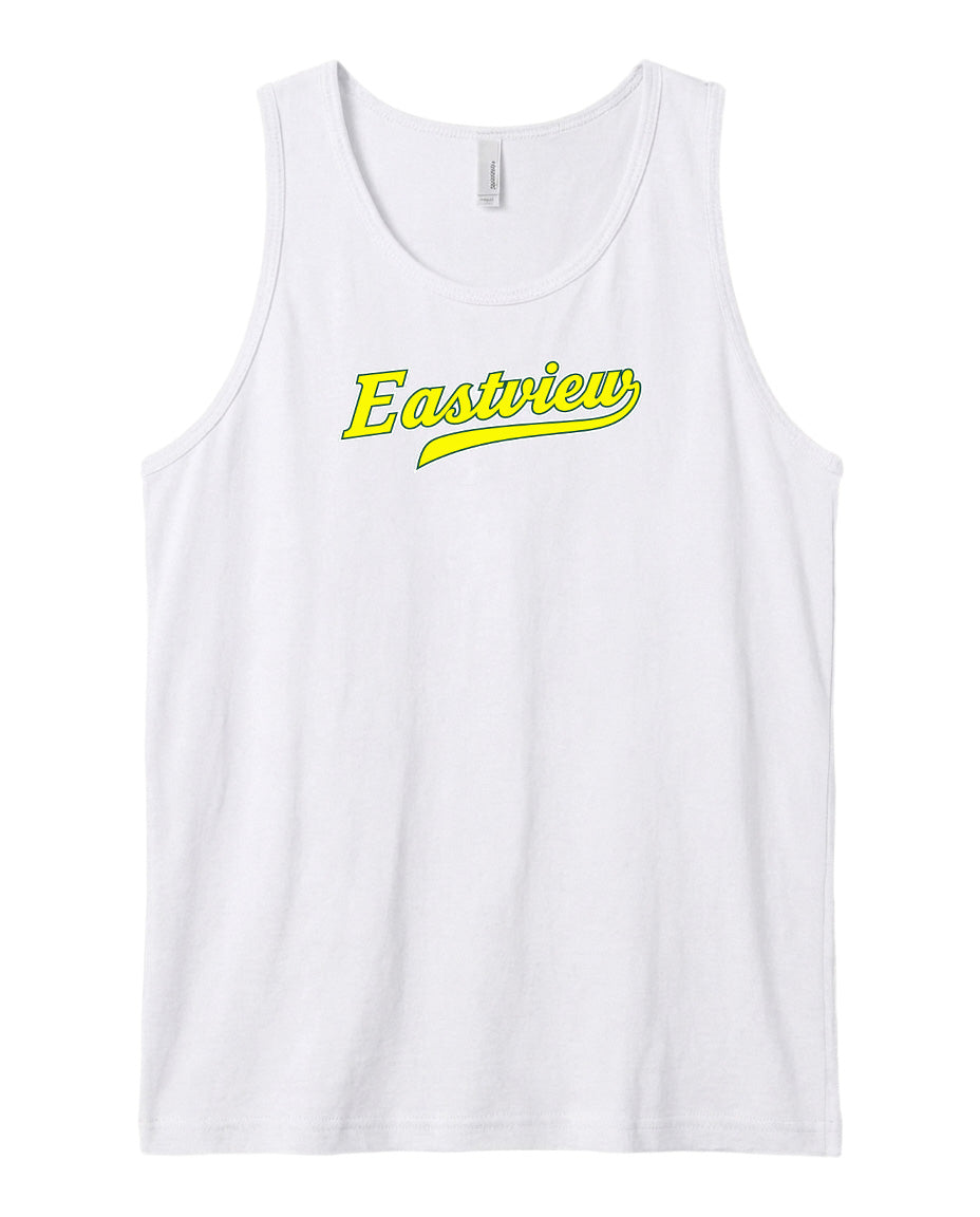 A white tank top with the word "Eastview" printed in yellow on the front.