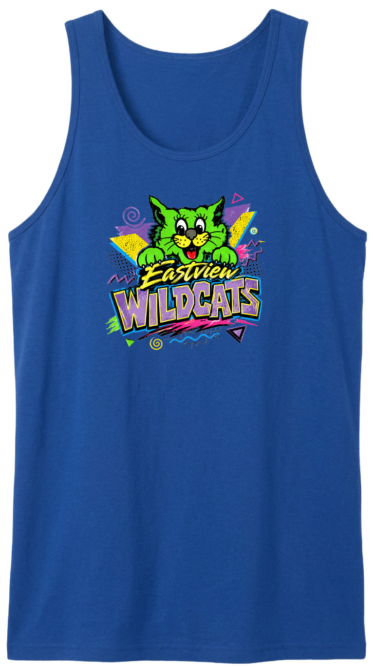 A blue tank top with a colorful graphic design featuring a cartoon cat and the text "Eastview Wildcats".