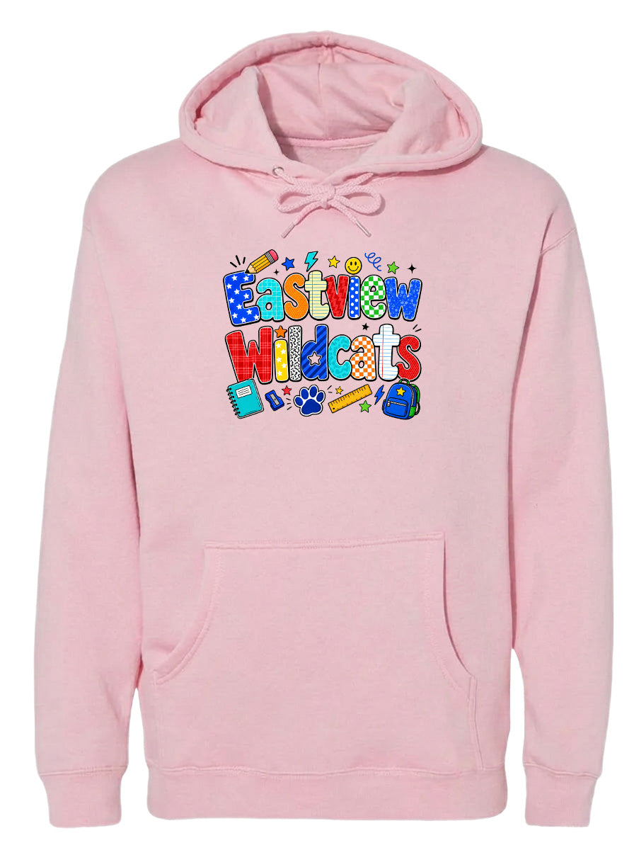 A pink hoodie with a colorful graphic design featuring the text "Eastview Wildcats" and various school-related icons.