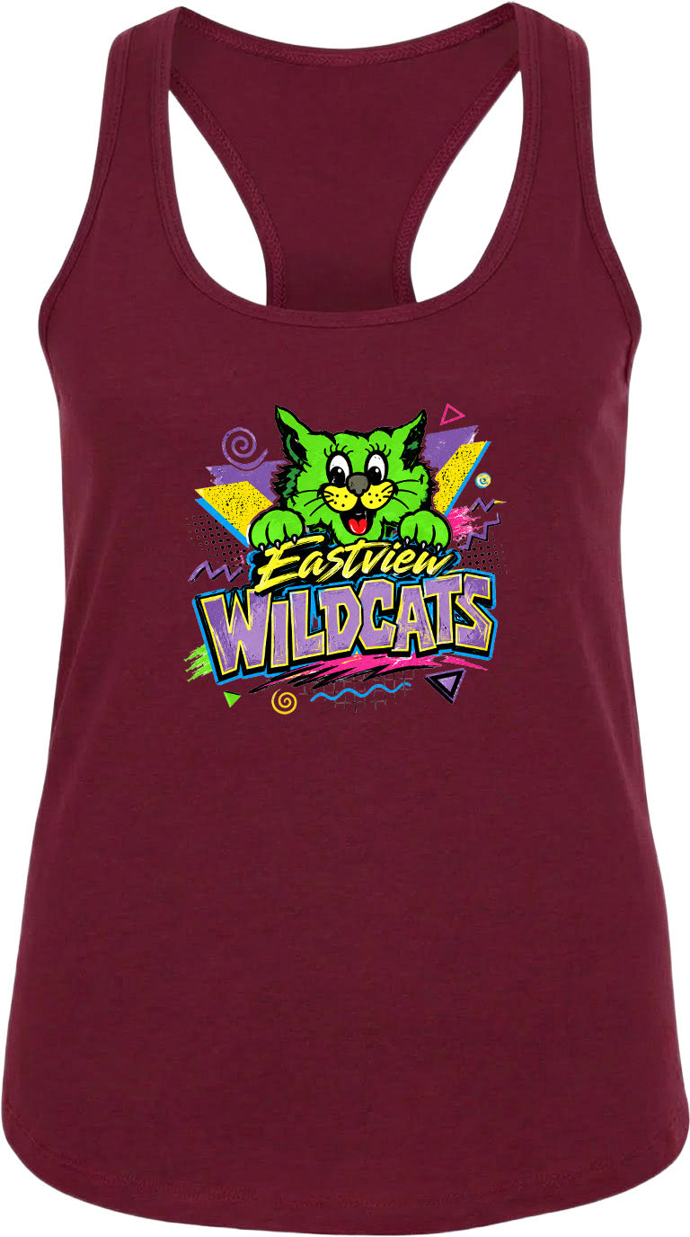 A burgundy tank top with a colorful graphic design featuring a cartoon cat and the text "Eastview Wildcats".