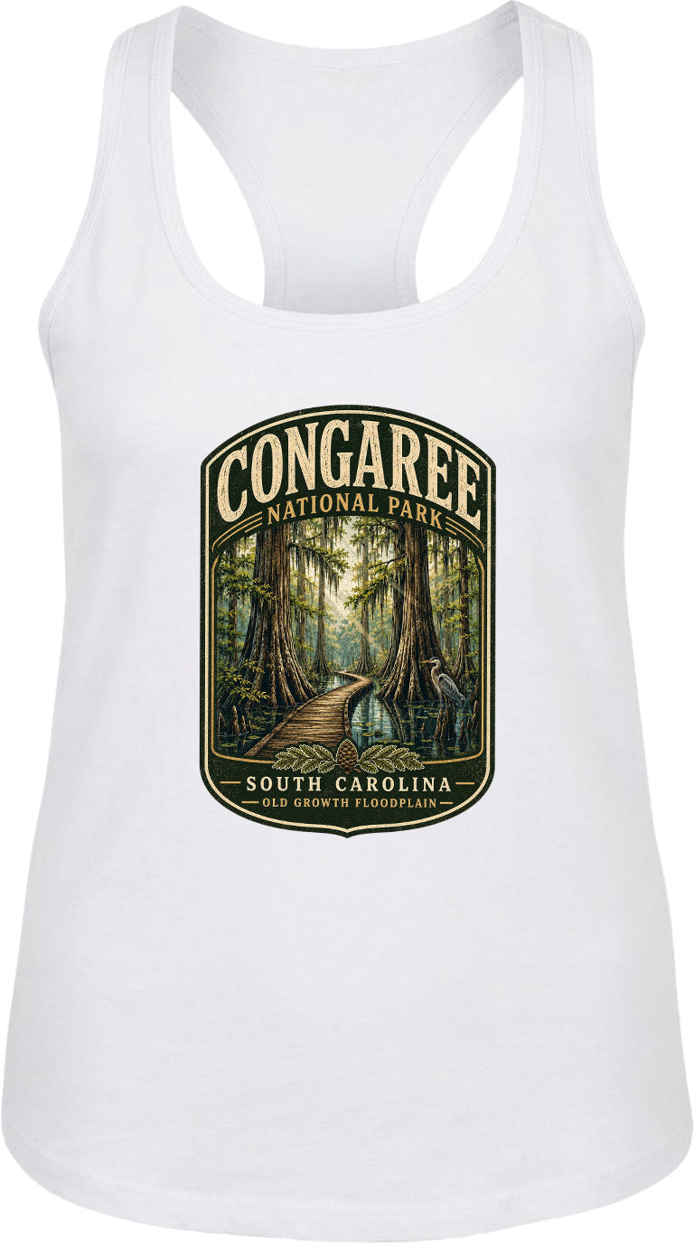 A white tank top with a graphic design depicting a forest scene with a winding path leading through the trees.