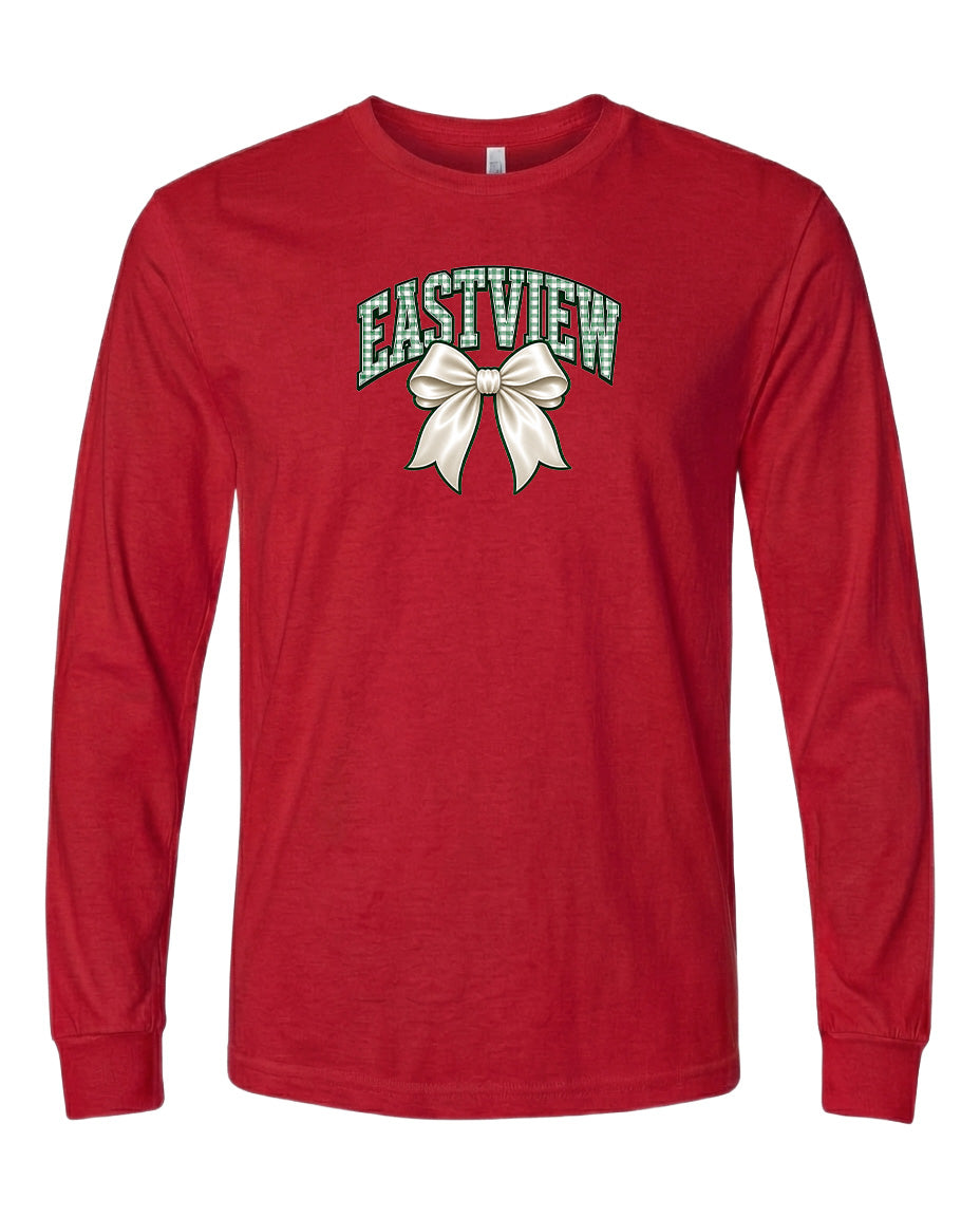 A red long-sleeved t-shirt with a graphic design on the front.