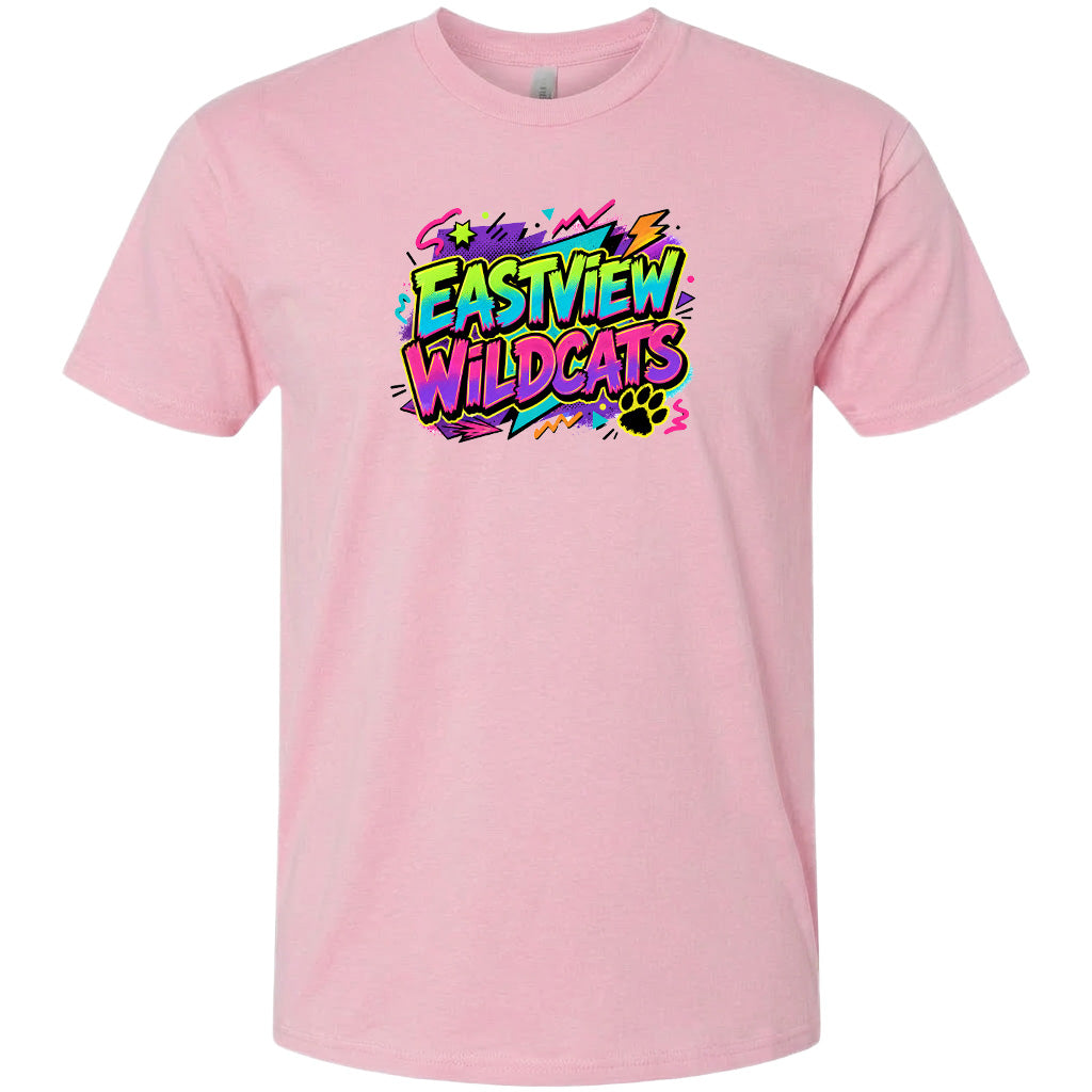 A pink t-shirt with a colorful graphic design featuring the text "EASTVIEW WILDCATS" in a vibrant, graffiti-style font.