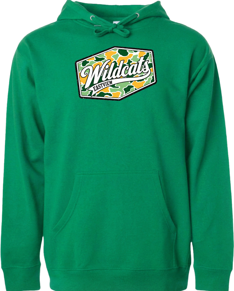 A bright green hoodie with a logo on the front.