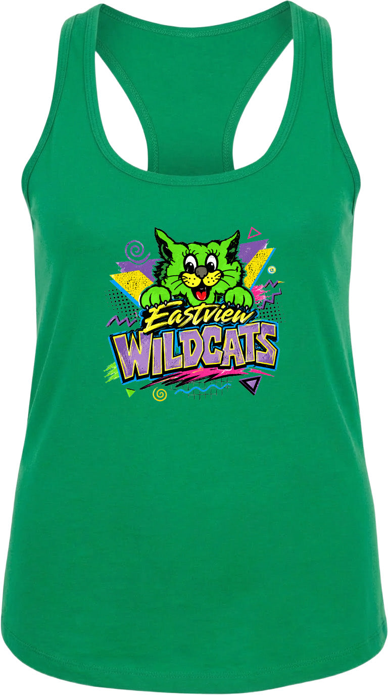 A green tank top with a colorful graphic of a cat and the text "Eastview Wildcats" printed on it.