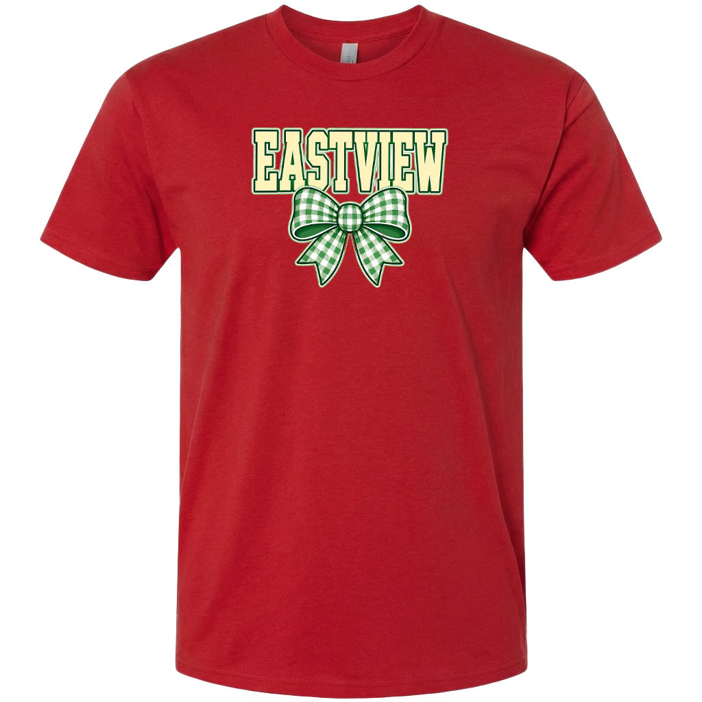 A red t-shirt with a green and white bow and the word "EASTVIEW" printed on it.