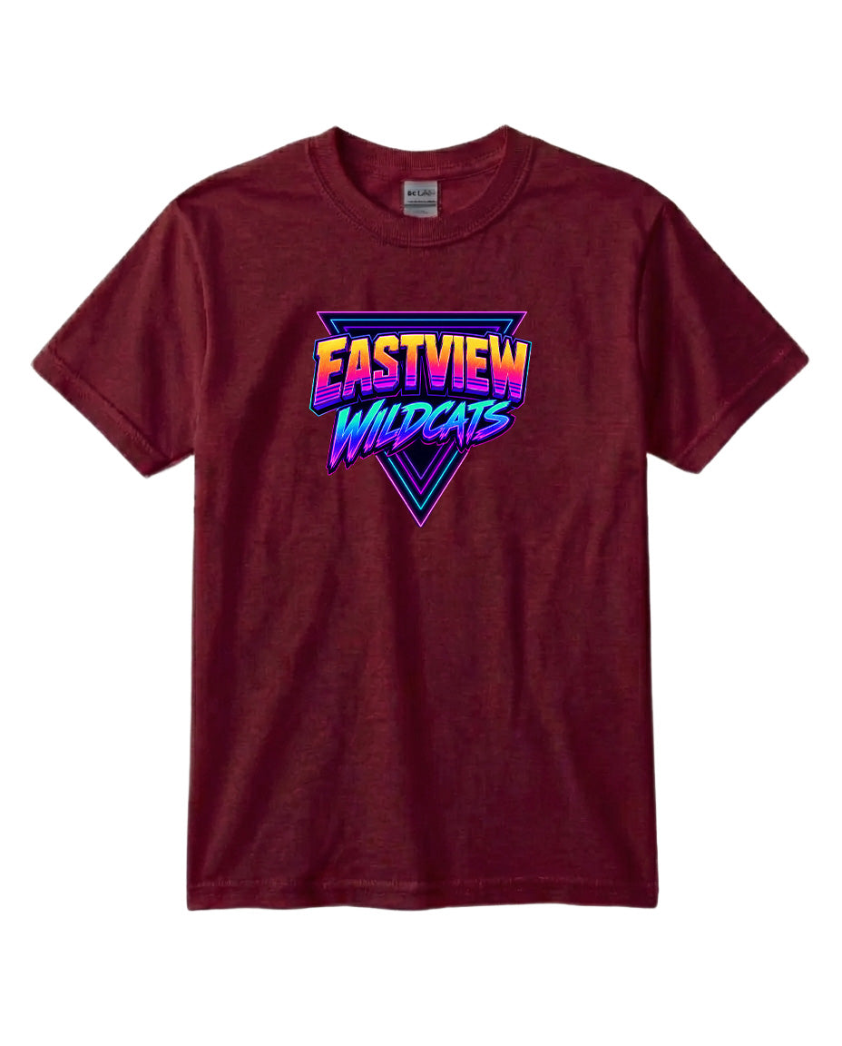 A burgundy-colored t-shirt with a graphic design featuring the text "EASTVIEW WILDCATS" in a retro, neon-style font.