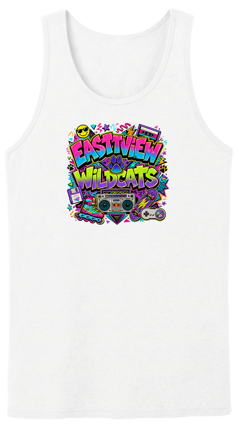 A white tank top with a colorful graphic design featuring the text "EASTVIEW WILDCATS" surrounded by various icons and symbols, such as a boombox, skateboard, and other retro-style elements.