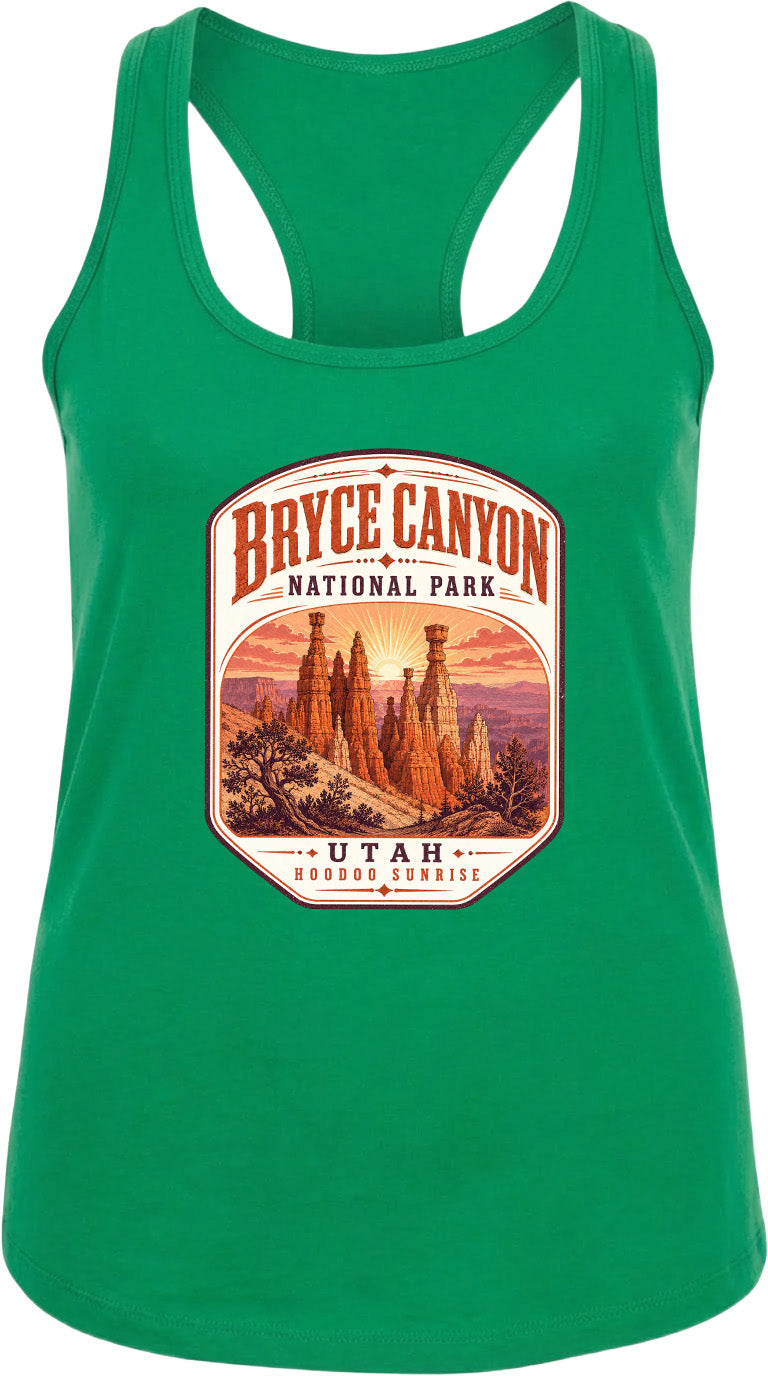 A green tank top with a graphic design depicting Bryce Canyon National Park and Utah Hoodoo Sunset.