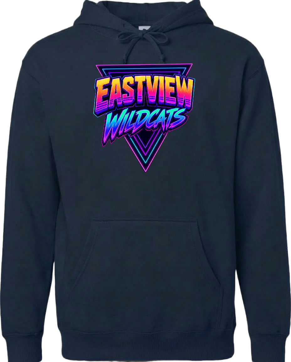 A black hoodie with a graphic design featuring the text "EASTVIEW WILDCATS" in a colorful, retro-style font.
