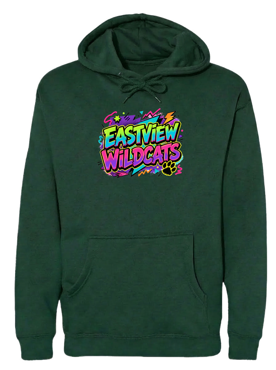 A green hoodie with a colorful graphic design on the front, featuring the text "EASTVIEW WILDCATS" in a vibrant, graffiti-style font.