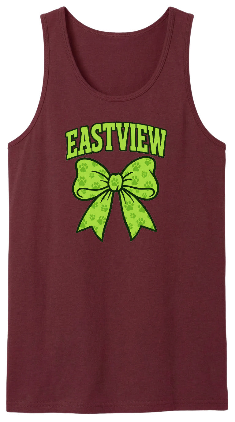 A burgundy tank top with a green bow and paw prints printed on it.