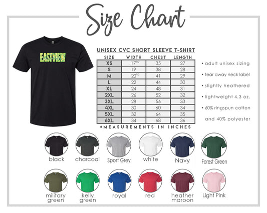 The image is a size chart for a UNISEX CVC short sleeve t-shirt, providing measurements in inches for different chest and waist sizes. The chart includes a black t-shirt, a green t-shirt, and various other color options.